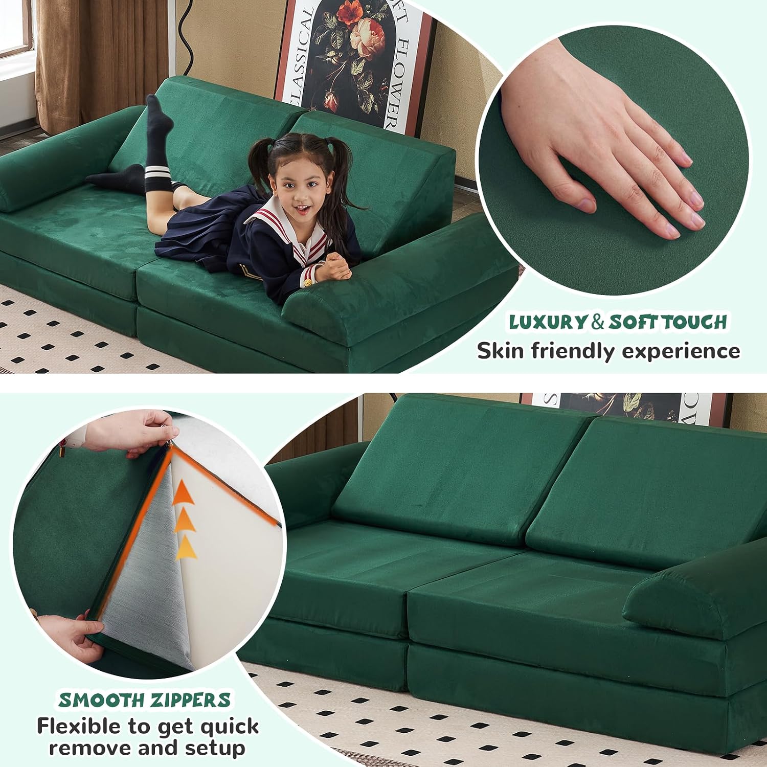 jela Kids Couch Safety Certified Play Couch Soft Kids Sofa with Machine Washable Cover Thick Foam Fort Building Set for Playroom Indoor (57'x28'x18', Pine Green)