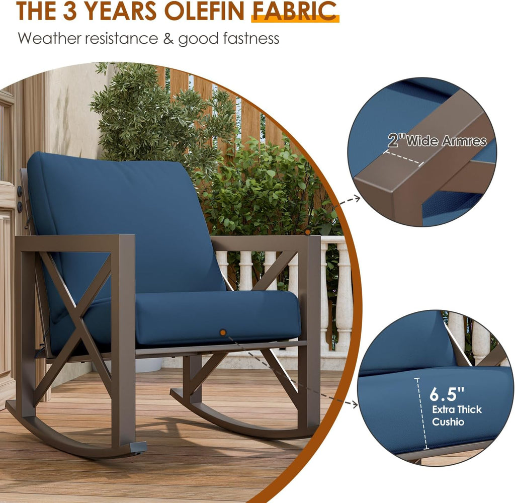 Outdoor Rocking Bistro Set, Patio Rocking Chairs Set of 2 with Coffee Table, 3 Pieces Metal Conversation Sets with 6.5' Thick Cushions for Backyard, Porch, Poolside, Oversized (Blue)