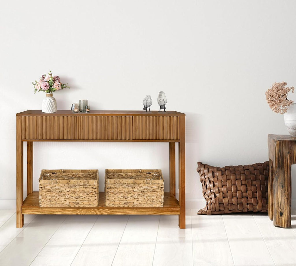 Fluted Console Table with Storage, 48' Long Entryway Slim Sofa Table Behind Couch Entry Tables, Narrow Wood Hallway Modern Living Room Couch Foyer Entrance Tables Brown