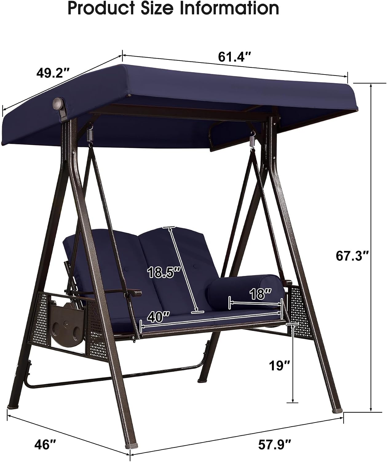 PURPLE LEAF 2-Seat Deluxe Outdoor Patio Porch Swing with Weather Resistant Steel Frame, Adjustable Tilt Canopy, Cushions and Pillow Included, Navy Blue