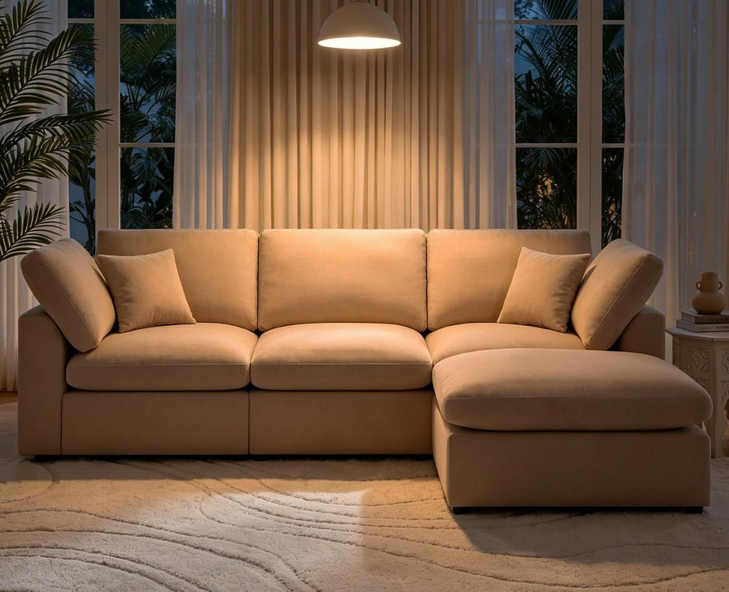 L-Shaped Modular Sectional Sofa, Modern Cloud Couch with Ottoman, 3-Seater Corner Sofa, Deep-Seated Sofas for Living Rooms, Bedroom and Apartment, Beige - Chenille