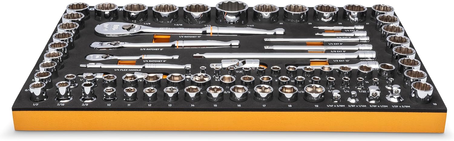 GEARWRENCH 83 Pc. 1/4, 3/8', 1/2' 90-Tooth SAE/Metric Mechanics Tool Set with EVA Foam Tray - 86529