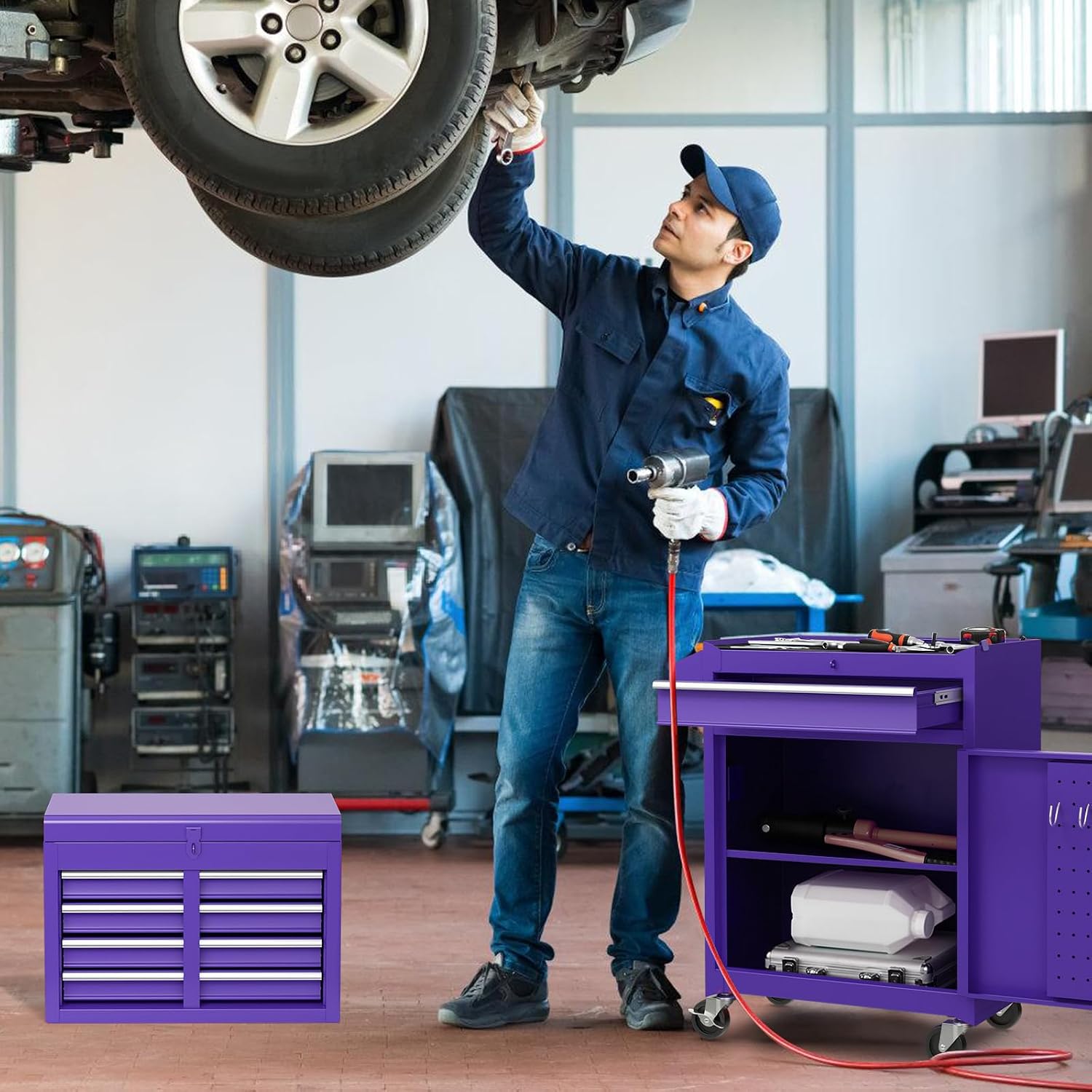 Goplus Purple Tool Chest, 5 Drawers Rolling Tool Cabinet w/Detachable Top Toolbox, Universal Lockable Wheels,Lock Bar,Protective Liner,Tool Rack, Metal Tool Storage Cart, Tool Box for Garage Workshop