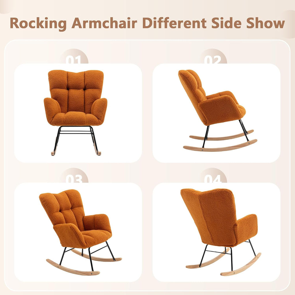 Setawix Teddy Rocking Chair with High Back,Leisure Rocking Armchair for Nursery,Mid Century Modern Rocker Glider Arm Chair for Living Room,Adults,Kids,Tufted with Solid Wood Legs