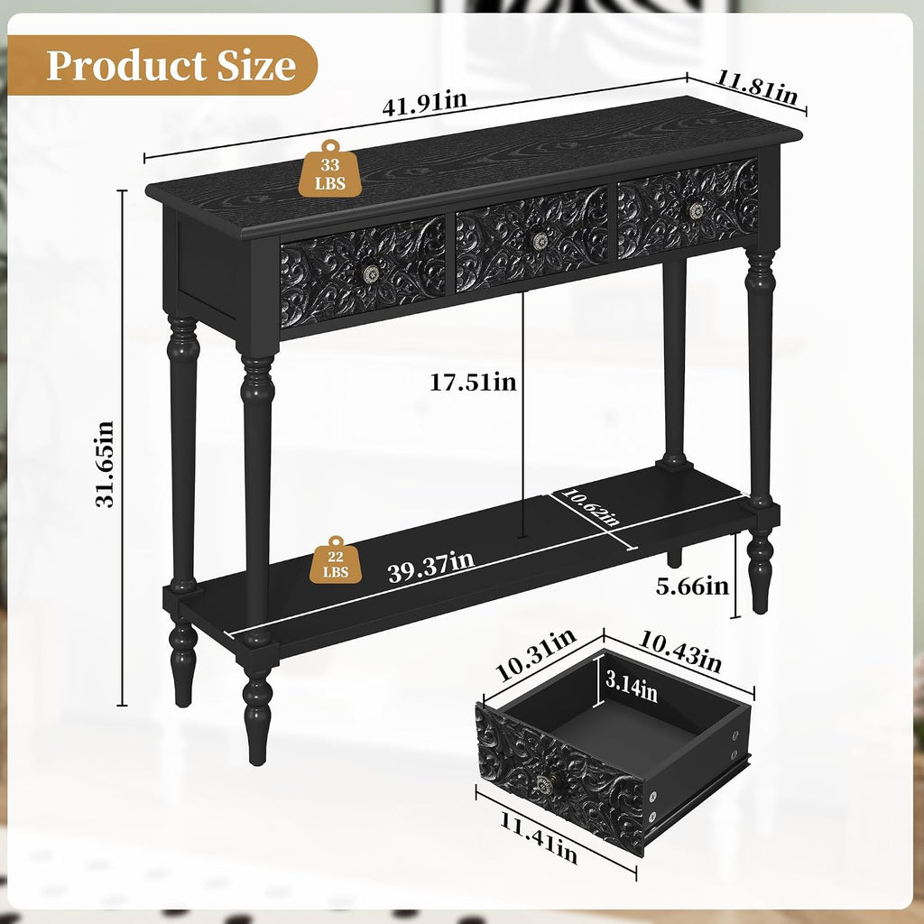 3More Entryway Console Table with 3 Drawers,42' Carved Hallway Table with Open Shelf,Long Sofa Table for Living Room, Hallway, Behind Couch,Black