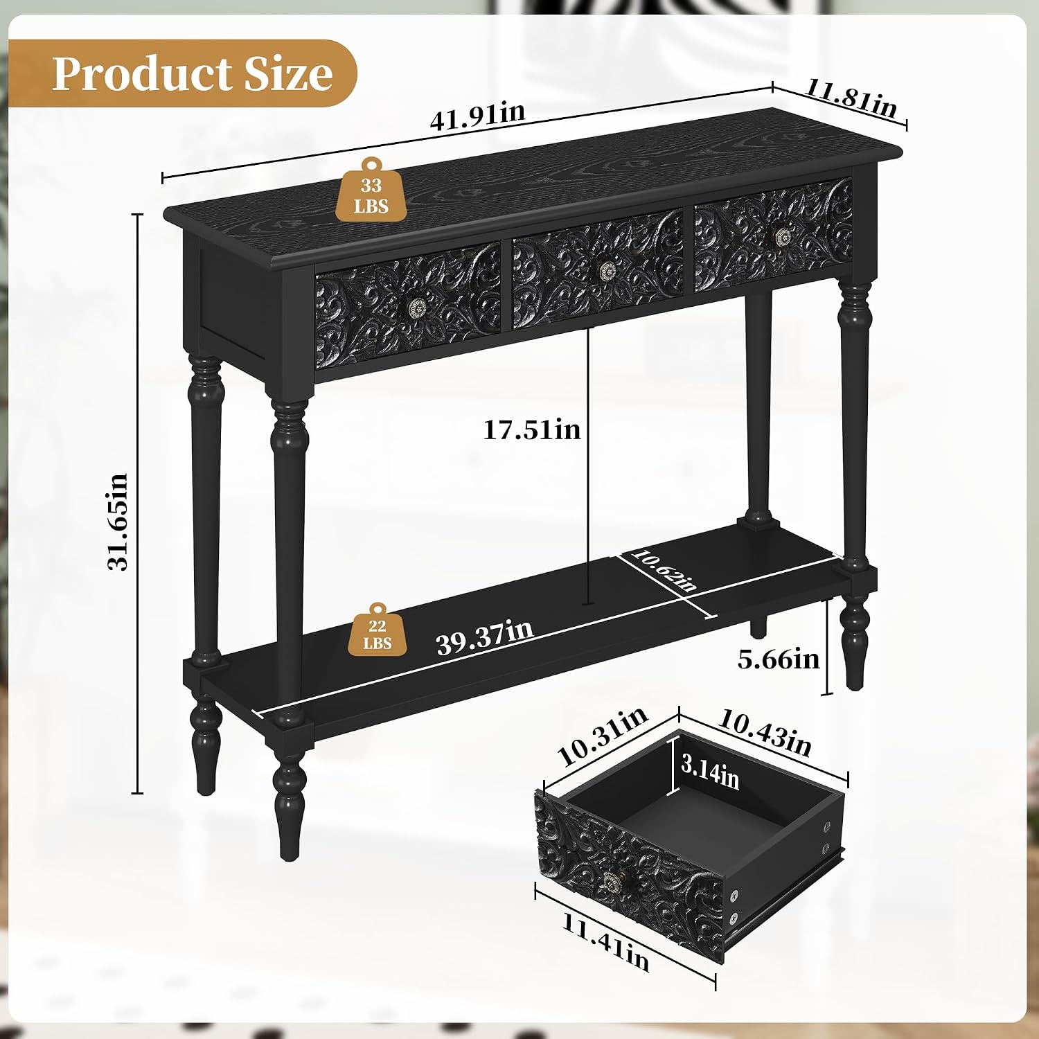 3More Entryway Console Table with 3 Drawers,42' Carved Hallway Table with Open Shelf,Long Sofa Table for Living Room, Hallway, Behind Couch,Black