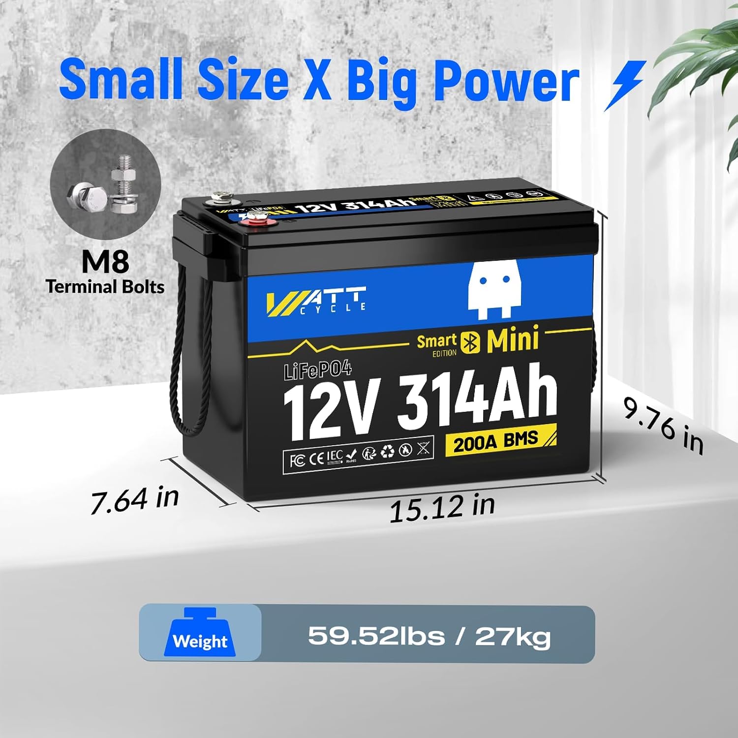 WattCycle 12V 314Ah Mini LiFePO4 Lithium Battery with Bluetooth 5.0, 200A BMS, 4.01kWh Energy, Low-Temp Protection, 10+ Years Lifespan, for RV, Marine, Camping, Solar Off-Grid