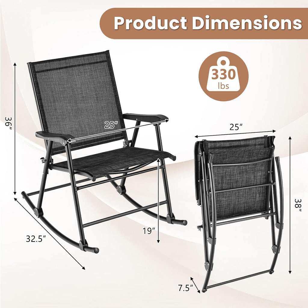 Tangkula Folding Rocking Chairs Set of 2, Patio Rockers with Breathable Seat Fabric & Sturdy Metal Frame, Smooth Rocking Motion, Heavy-Duty Outdoor Rocker for Backyard, Front Porch, Poolside