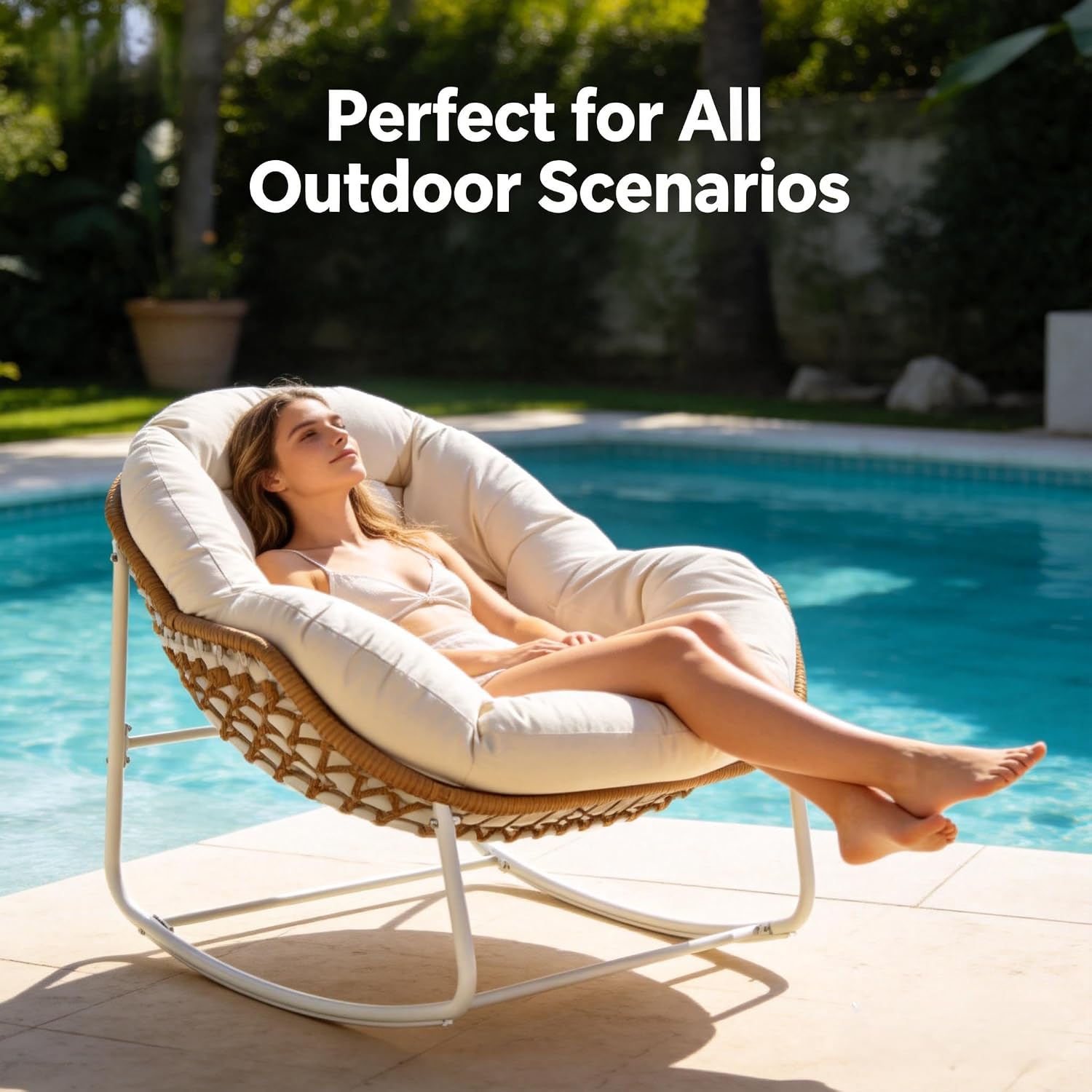 YDcosyfy Oversized Outdoor Papasan Rocking Chair with Soft Cushion, Comfy Patio Egg Chair, Wicker Lounge Rocker for Balcony/Porch/Garden, Reinforced All Weather Rattan Frame, 330 lbs Support, Cream