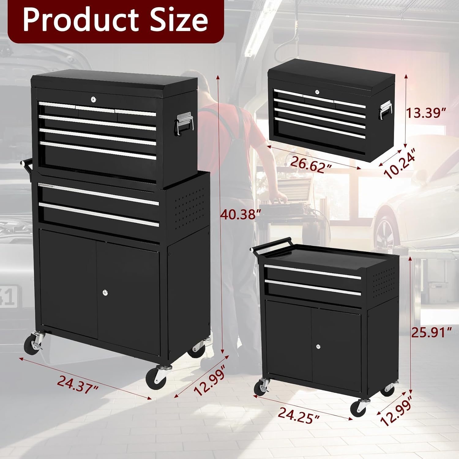 8-Drawer Rolling Tool Chest, 2-in-1 High Capacity Removable Cabinet Storage Tool Box with Wheels and Drawers, Detachable Toolbox with Lock for Workshop Mechanics Garage (Black)