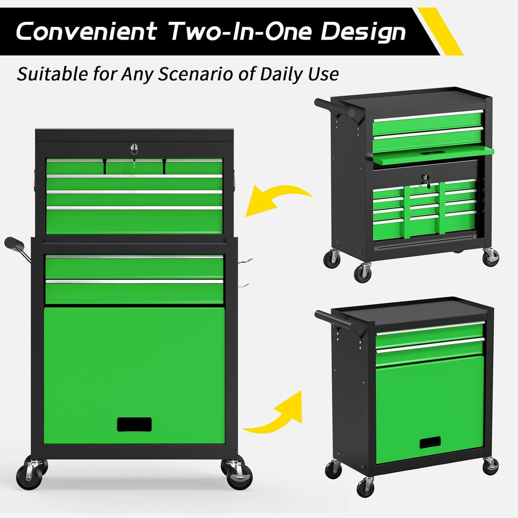 On Shine 8 Drawer Rolling Tool Chest, Large Capacity Rolling Tool Box with Wheels, Locking Mechanical Tool Chest, Portable Tool Box with Sliding Drawers for Garage Workshop and Tool Room （Black Green）