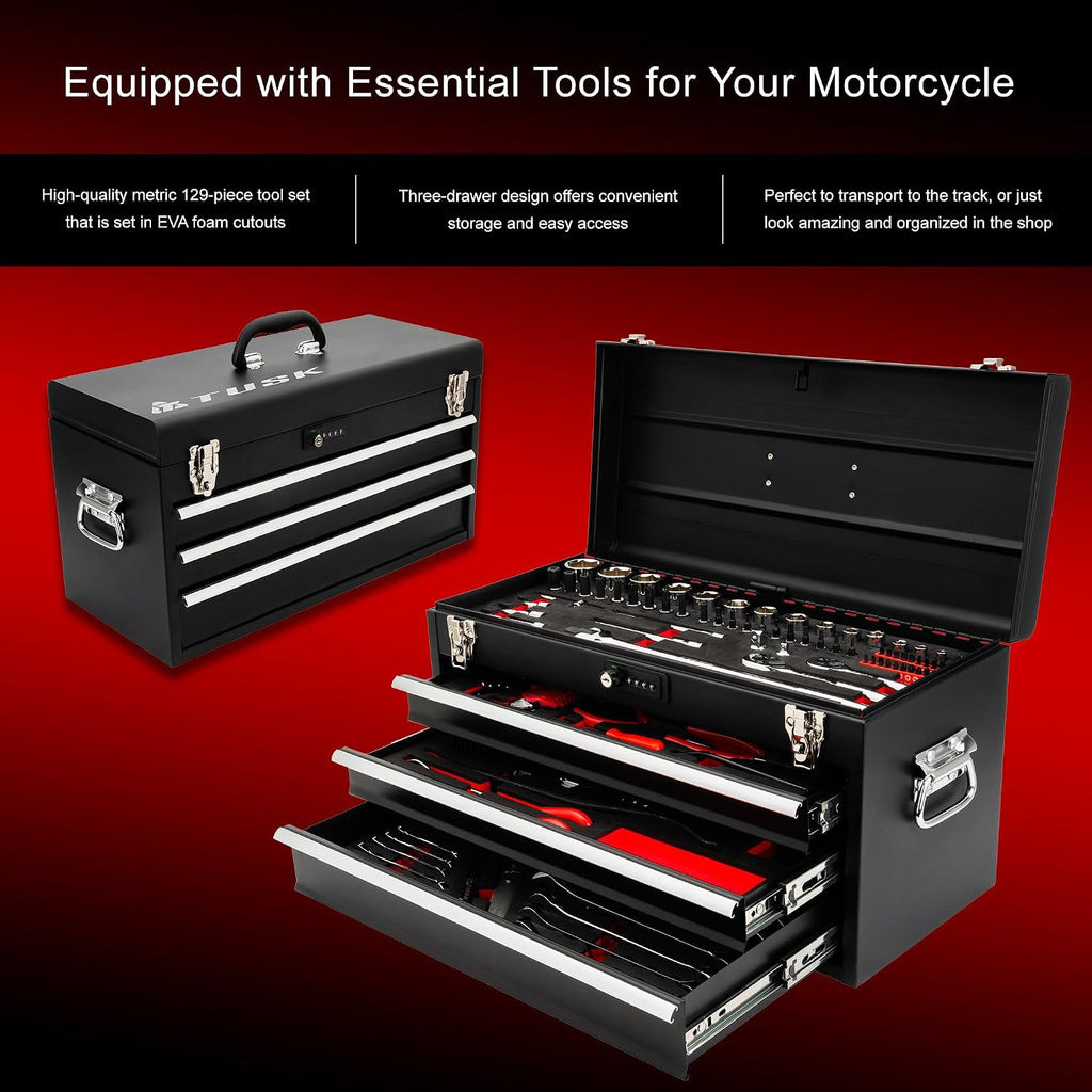 TUSK Tool Box with Tools EVA Foam Cut Outs and 129-Piece Tool Set 3-Drawer Portable Moto Box