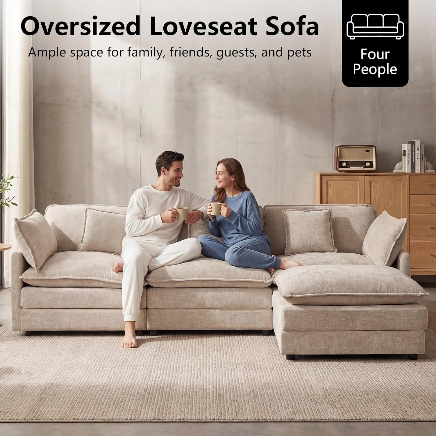 GNIXUU 111.5' Chenille Cloud Couch with Movable Ottoman, Comfy Modular Sectional Sofa, Deep Seat, L Shaped Sectional Couches for Living Room, Apartment, Office(Camel)