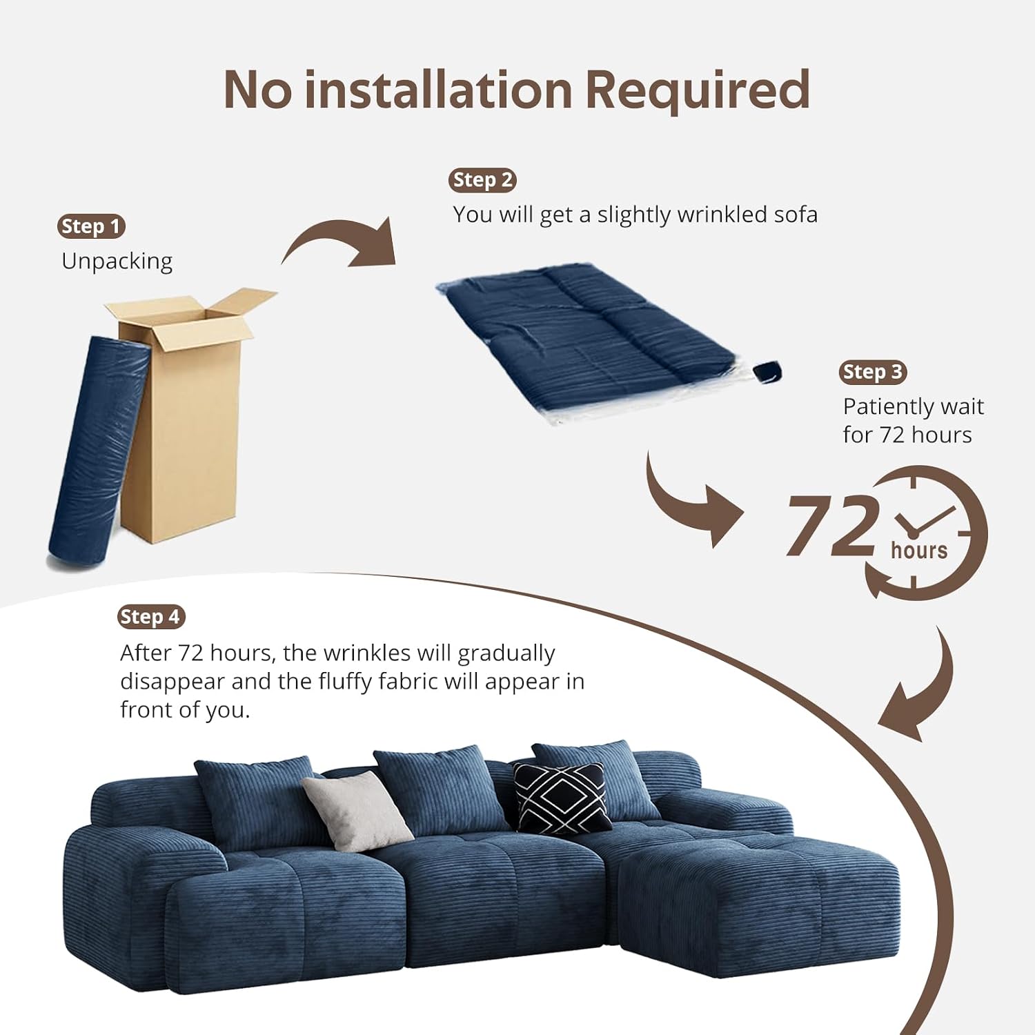 118'' Modern L-Shaped Modular Sectional Sofa for Living Room，Oversized 3-Seater Couch with Deep Seat and Movable Ottoman – No Assembly,Comfortable Corduroy Fabric Boneless Sofa