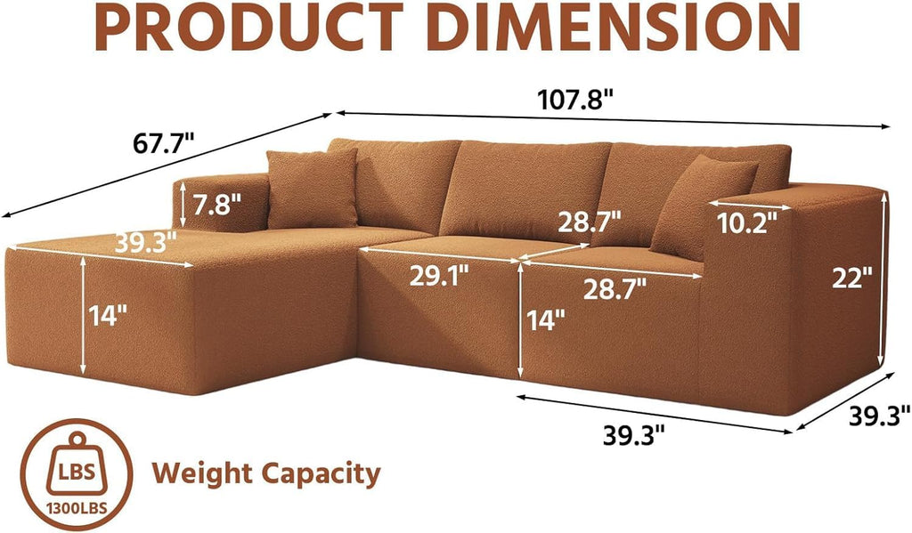 108' Orange Boneless Cloud Couches for Living Room L Shapes Sectional Sofa with Chaise Lounge, Comfy Teddy Fabric Memory Foam Couch Including Throw Pillow and Backrest - Removable Washable