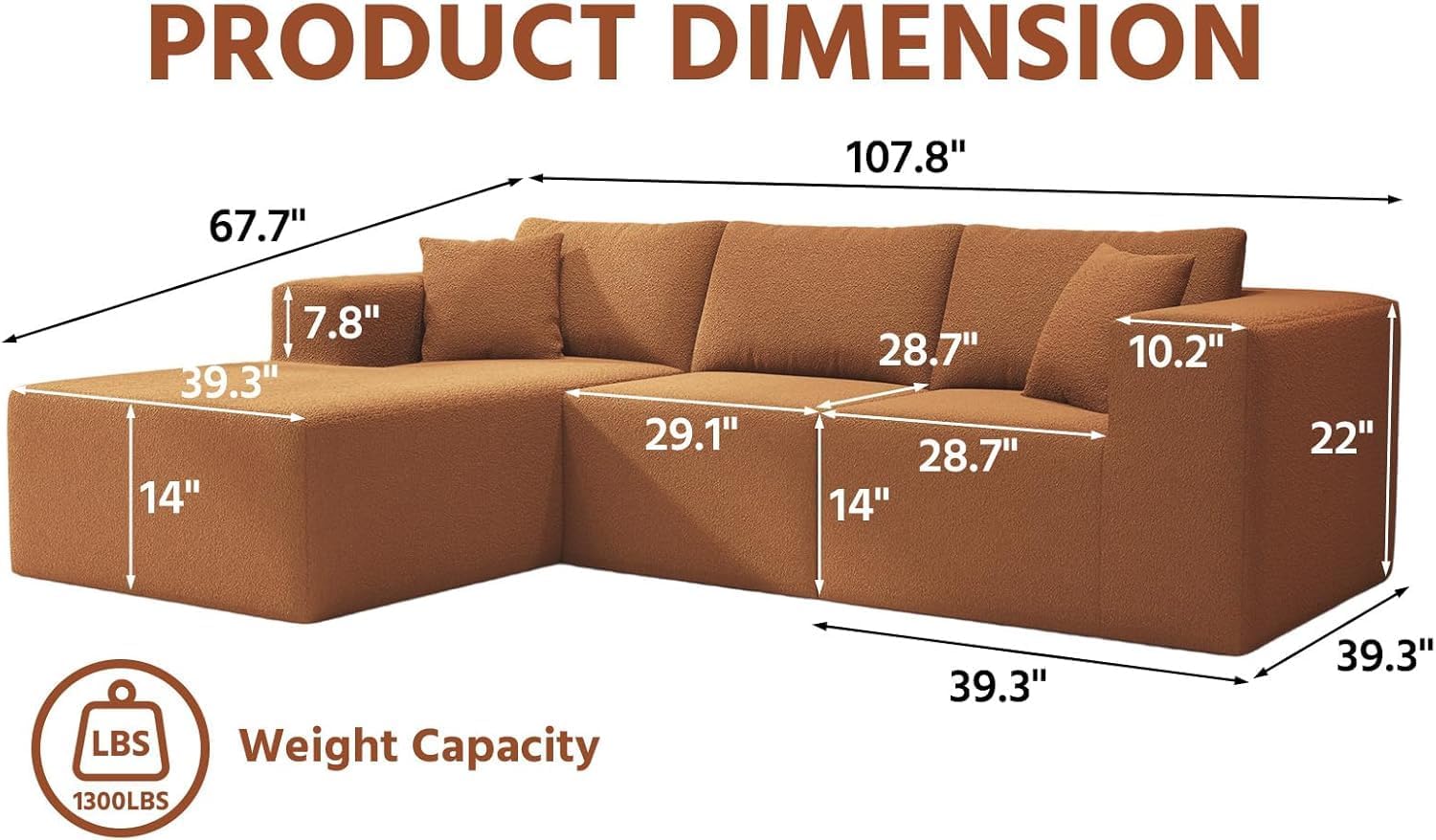 108' Orange Boneless Cloud Couches for Living Room L Shapes Sectional Sofa with Chaise Lounge, Comfy Teddy Fabric Memory Foam Couch Including Throw Pillow and Backrest - Removable Washable