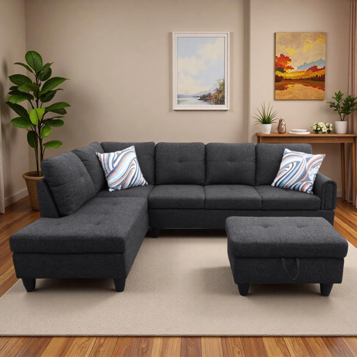L-Shaped Sectional Sofa with Movable Chaise & Storage Ottoman, Lounge 3-Piece Modular Convertible Couches for Living Room, Apartment & Office, Blackish Gray