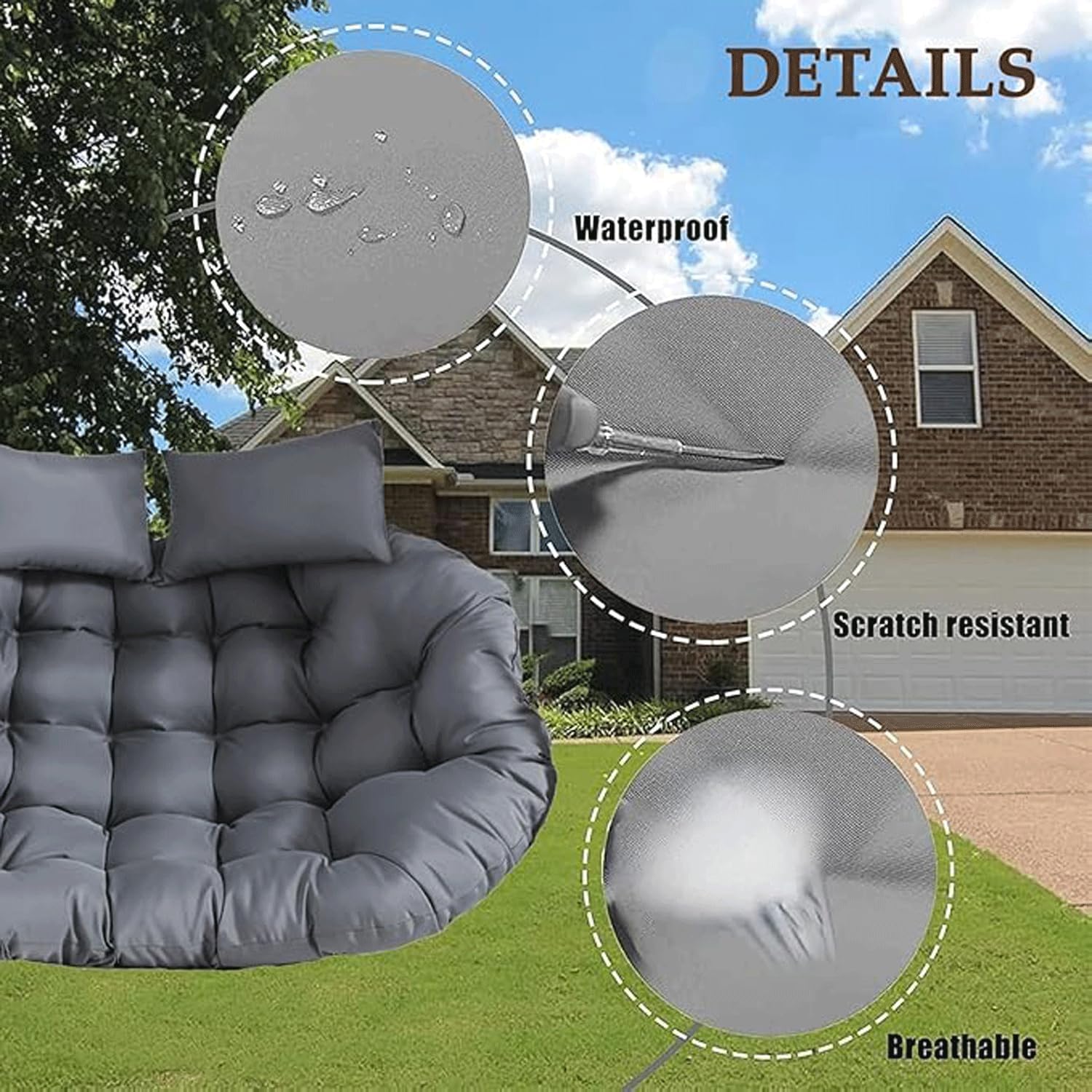 Hanging Basket Cushion，Waterproof Outdoor Swing Chair Cushion with High Elasticity Cotton and Skin Friendly Fabric, Suitable for Outdoor Hanging Baskets (with 2 Pillows)(59in*39in, Black)