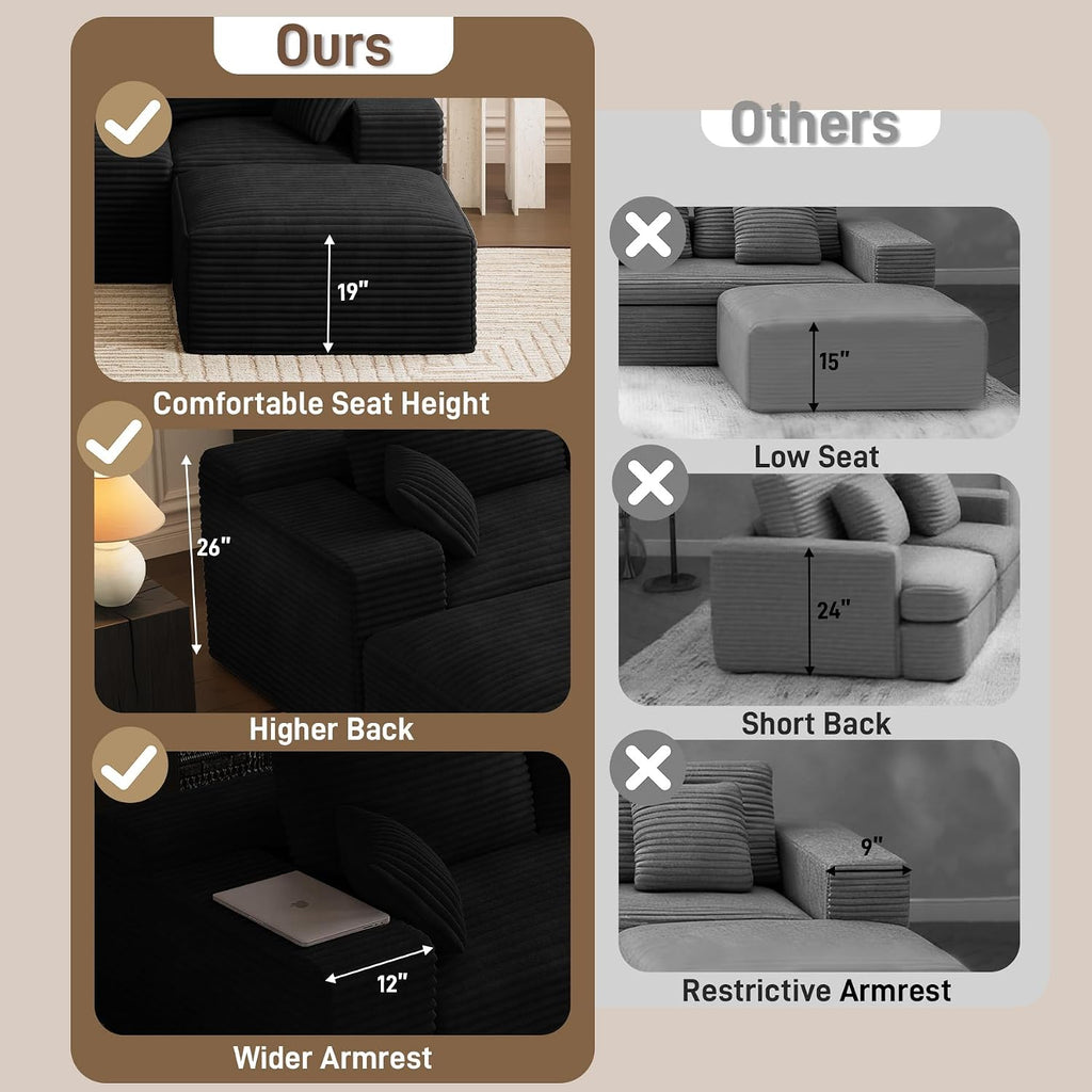 108' Oversized U-Shaped Sectional Couches for Living Room, Comfy Fluffy Corduroy Black Boneless Cloud Couch with 2 Ottomans, Plush Memory Foam Modular Sectional Sofa for Small Spaces