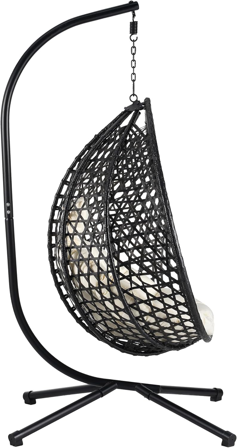 Egg Chair with Stand Patio Rattan Wicker Hanging Swing Egg Chair Hammock Chair for Indoor and Outdoor Egg Hanging Chair for Balcony Porch Garden 330lbs Capacity - Black+Beige
