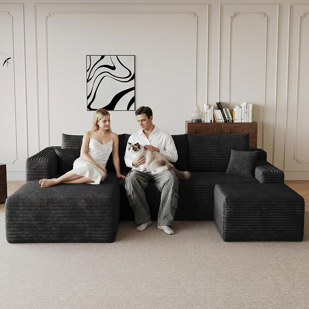 95' Cloud Sectional Couch with U-Shaped Chaise, Corduroy Sectional Sofa with Ottoman, Boneless Couch with Deep Seat for Living Room, No Assembly Required (Black, Left Facing Chaise)