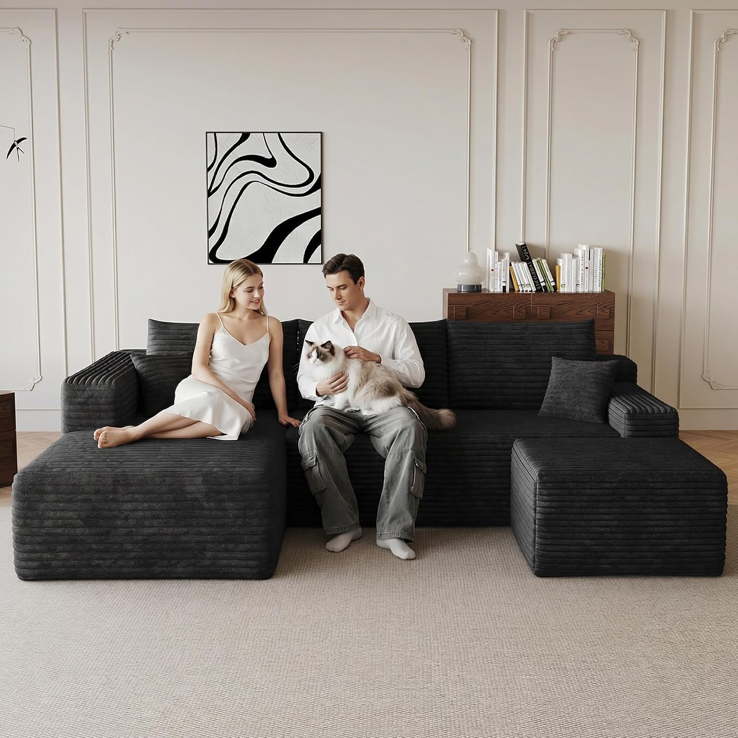 95' Cloud Sectional Couch with U-Shaped Chaise, Corduroy Sectional Sofa with Ottoman, Boneless Couch with Deep Seat for Living Room, No Assembly Required (Black, Left Facing Chaise)