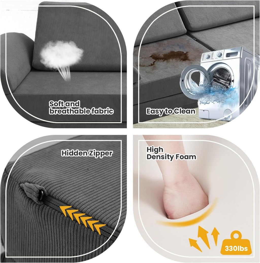 jela Kids Couch Safety Certified Play Couch Soft Kids Sofa with Machine Washable Cover Thick Foam Fort Building Set for Playroom Indoor 57x28x18 Inch (Corduroy, Darkgrey)