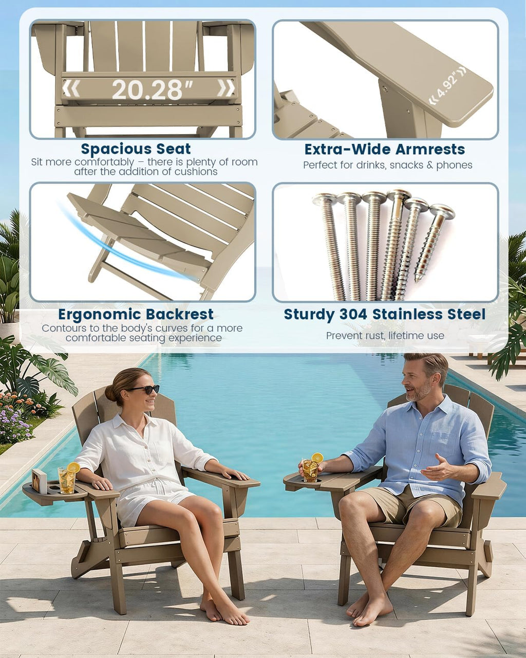 FOOWIN Folding Adirondack Chair, HDPE Adirondack Chairs with Cup Holder, Weather Resistant Plastic Fire Pit Chairs for Outdoor, Patio, Lawn, Garden, Backyard, Deck, Brown