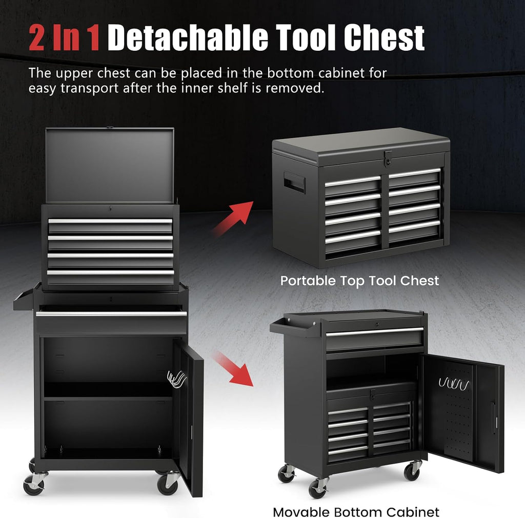 Goplus Tool Chest, 5 Drawers Rolling Tool Cabinet with Detachable Top Toolbox, Universal Lockable Wheels, Lock Bar, Protective Liner & Tool Rack, Metal Tool Storage Cart, Tool Box for Garage Workshop