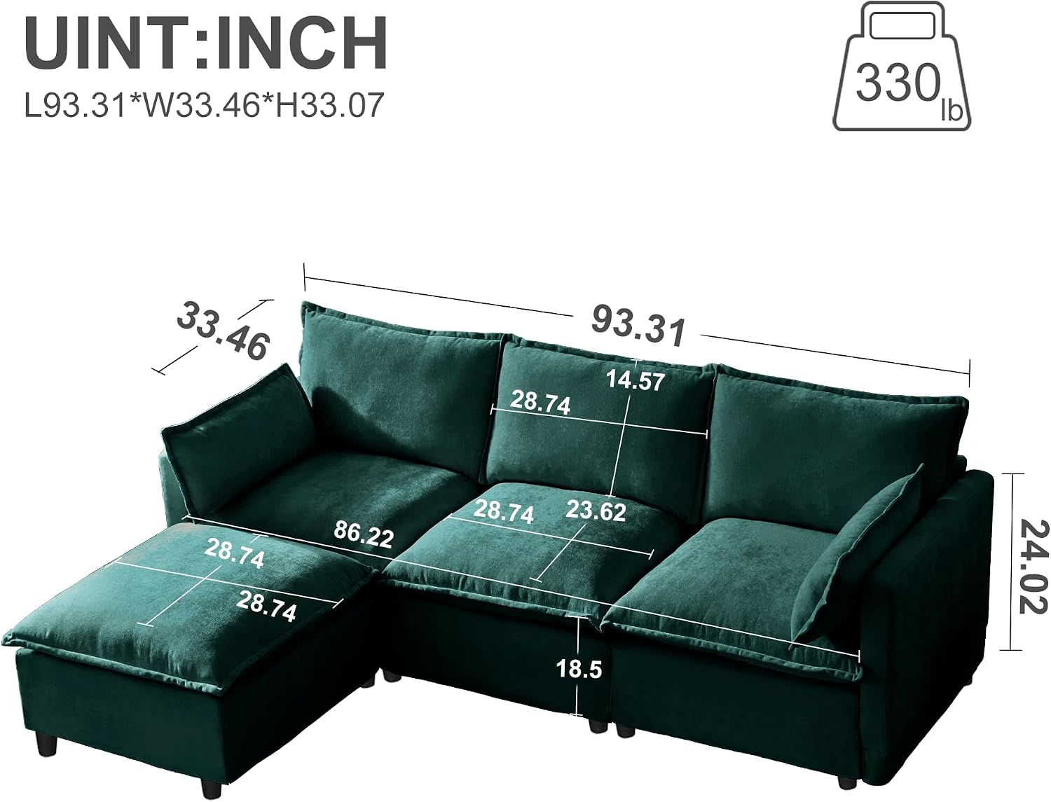 93.31' L-Shaped Couch Sofa with Ottoman, Green, 4 Seats | Modular Sectional