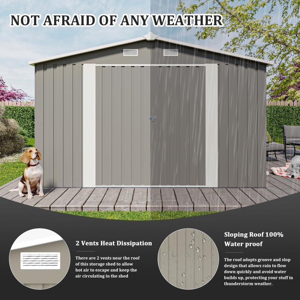 10x14FT Metal Garden Shed - Lockable Outdoor Storage Shed, Heavy-Duty Storage Sheds for Backyard Patio, Sheds & Outdoor Storage (Light Gray)