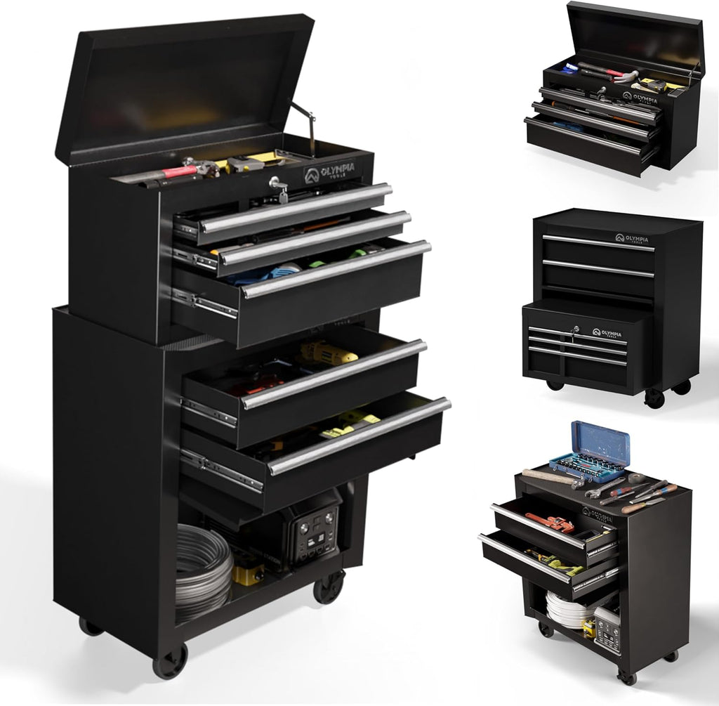 Olympia Tools Tool Chest Cabinet with Drawer - Tool Box with Ball Bearing Fully Extendable Drawers Garage Storage Tools & Equipment (26.5IN Combo Rolling Tool Chest)