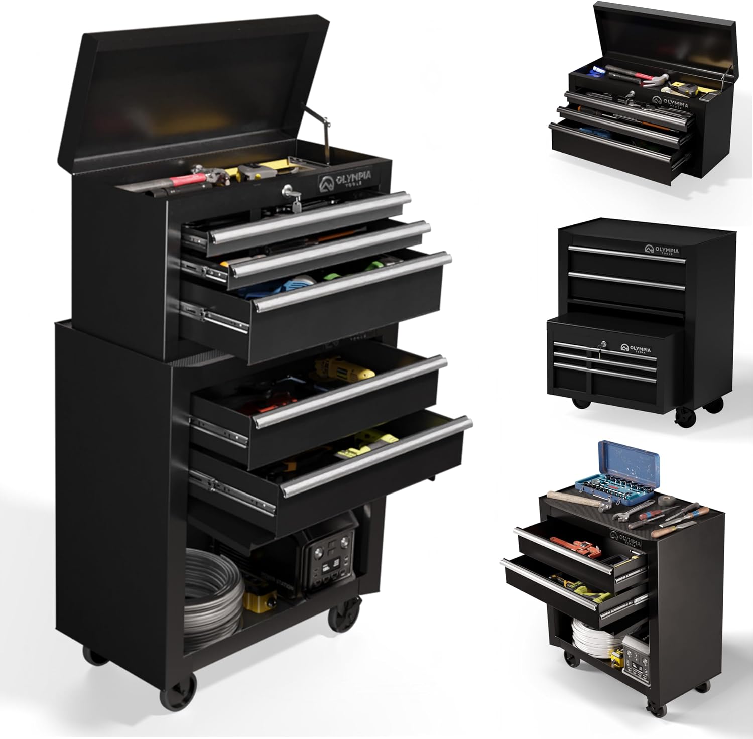 Olympia Tools Tool Chest Cabinet with Drawer - Tool Box with Ball Bearing Fully Extendable Drawers Garage Storage Tools & Equipment (26.5IN Combo Rolling Tool Chest)
