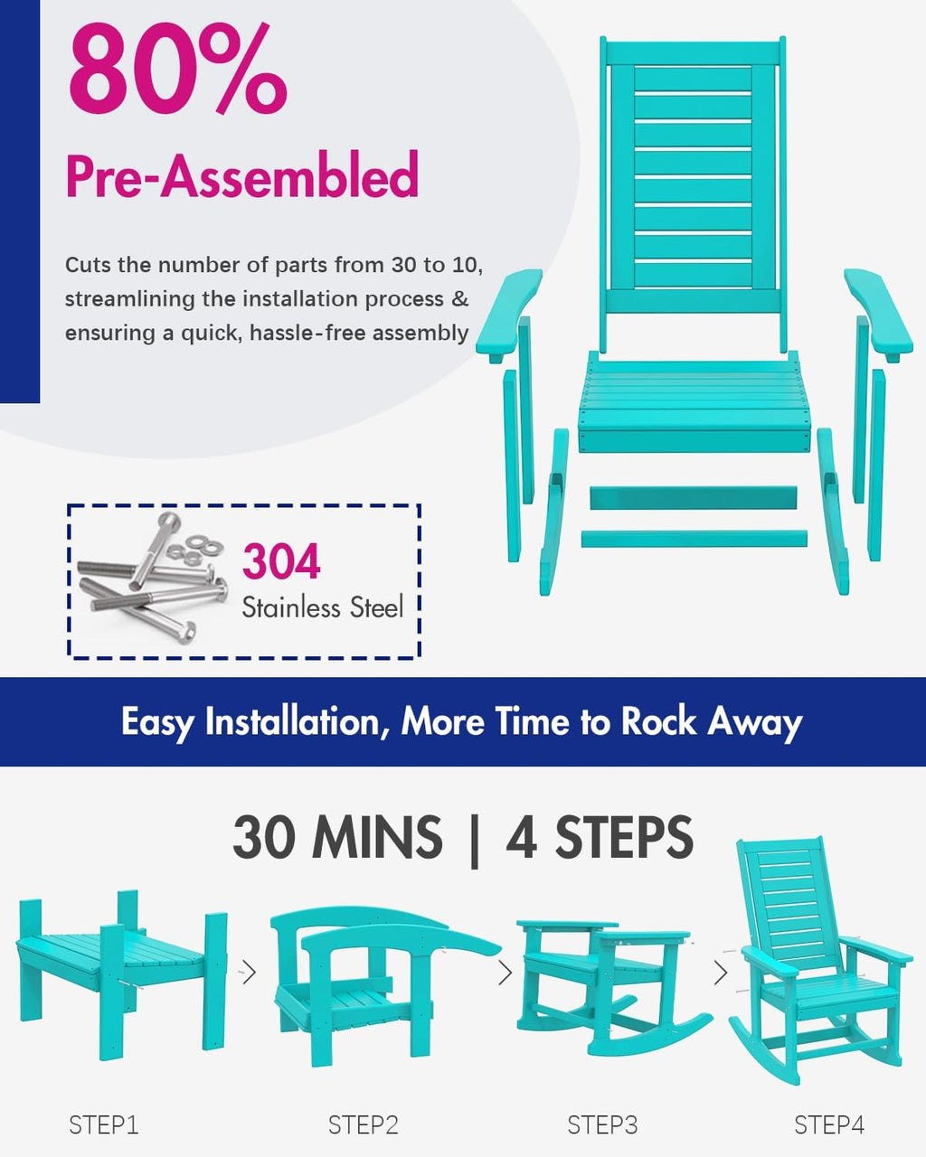 BRIOPAWS Outdoor Rocking Chairs Set of 2 | HDPE Plastic | Porch Rockers | Aqua | Oversized | Patio Rocker Chair | High Back | for Big Man | Weather Resistant | for Outside Deck Balcony Front Backyard