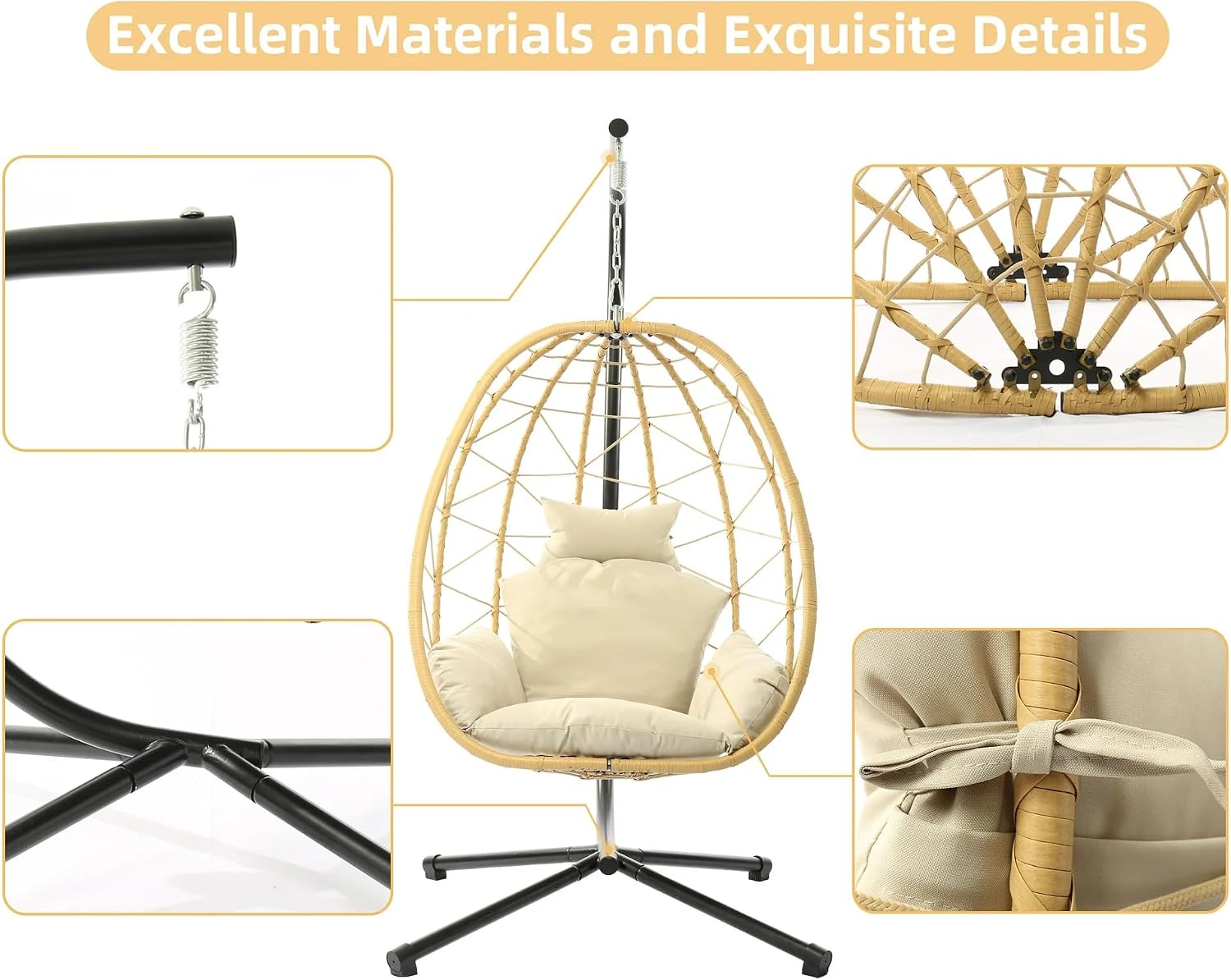 LEX CRAFT Egg Chair with Stand, Swing Chair Hanging Chair Nest Basket, UV Resistant Removable & Washable Cushions,350LBS Capacity for Bedroom, Balcony, Garden（YE-BE
