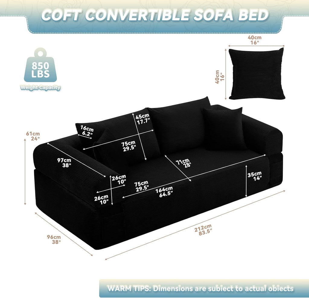 3 Seater Sofa Couch for Living Room, Black, 38' D | 4 Pillows