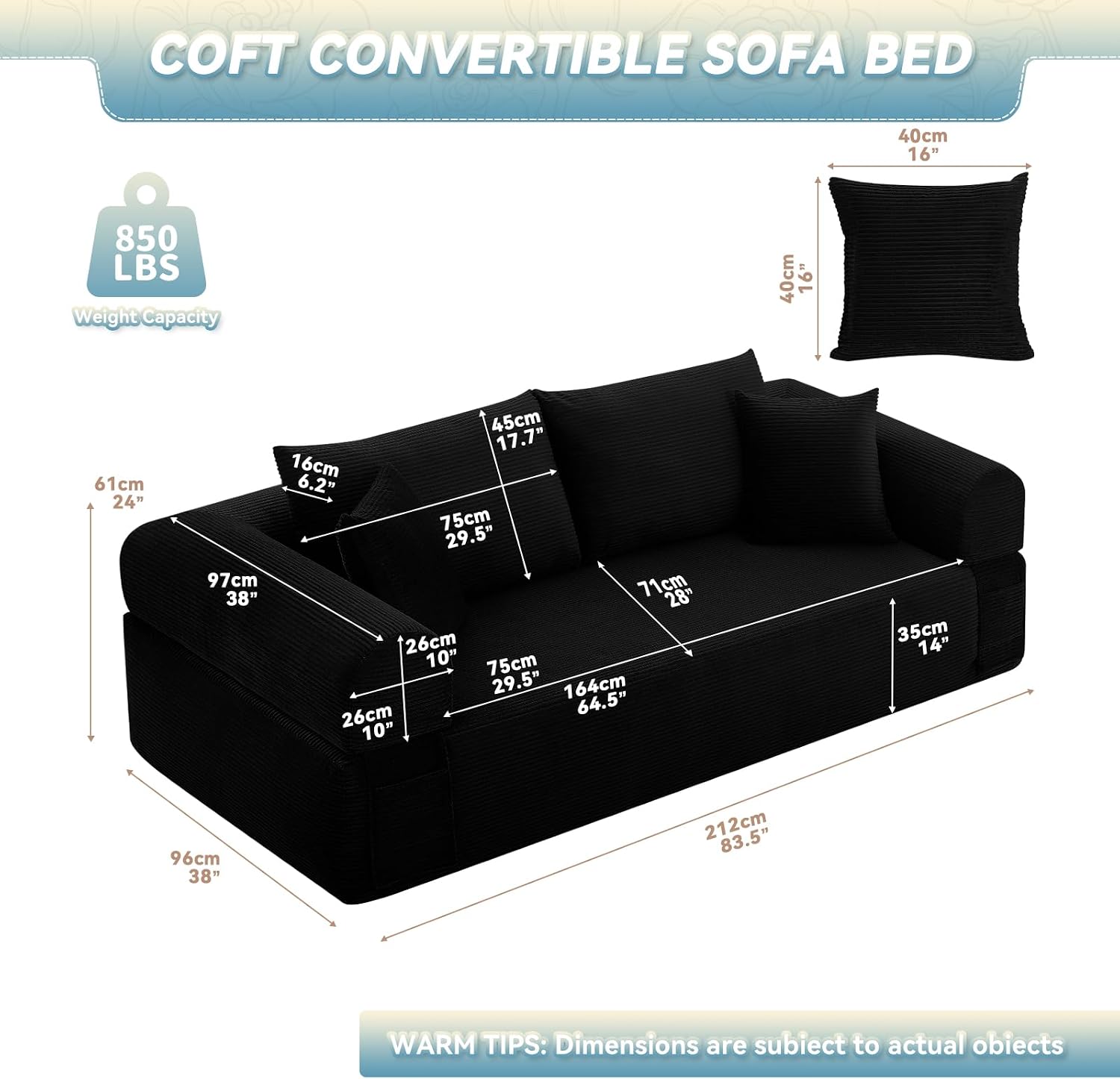 3 Seater Sofa Couch for Living Room, Black, 38' D | 4 Pillows