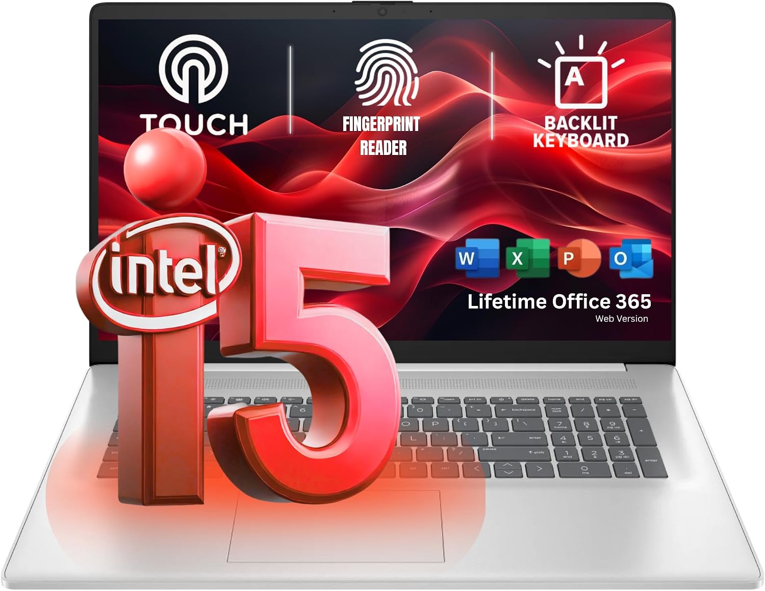 HP 17.3' Touchcreen Laptop - Backlit KB and Fingerprint Reader - Intel 13th 10-Core i5-16GB RAM, 512GB SSD - Win 11 Home and Microsoft 365 Web w/o Mouse