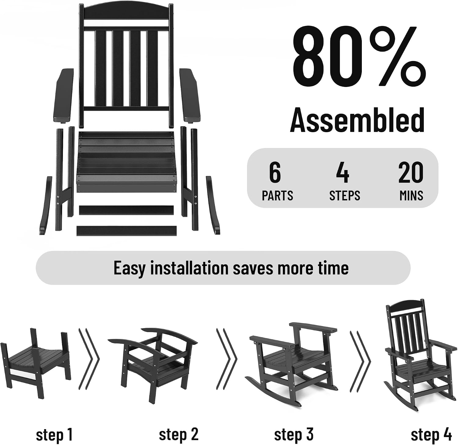 NAVINE Outdoor Rocking Chairs Set of 6, Oversized High Back Patio Rocking Chairs, All Weather Porch Rocking Chairs for Outside. Black