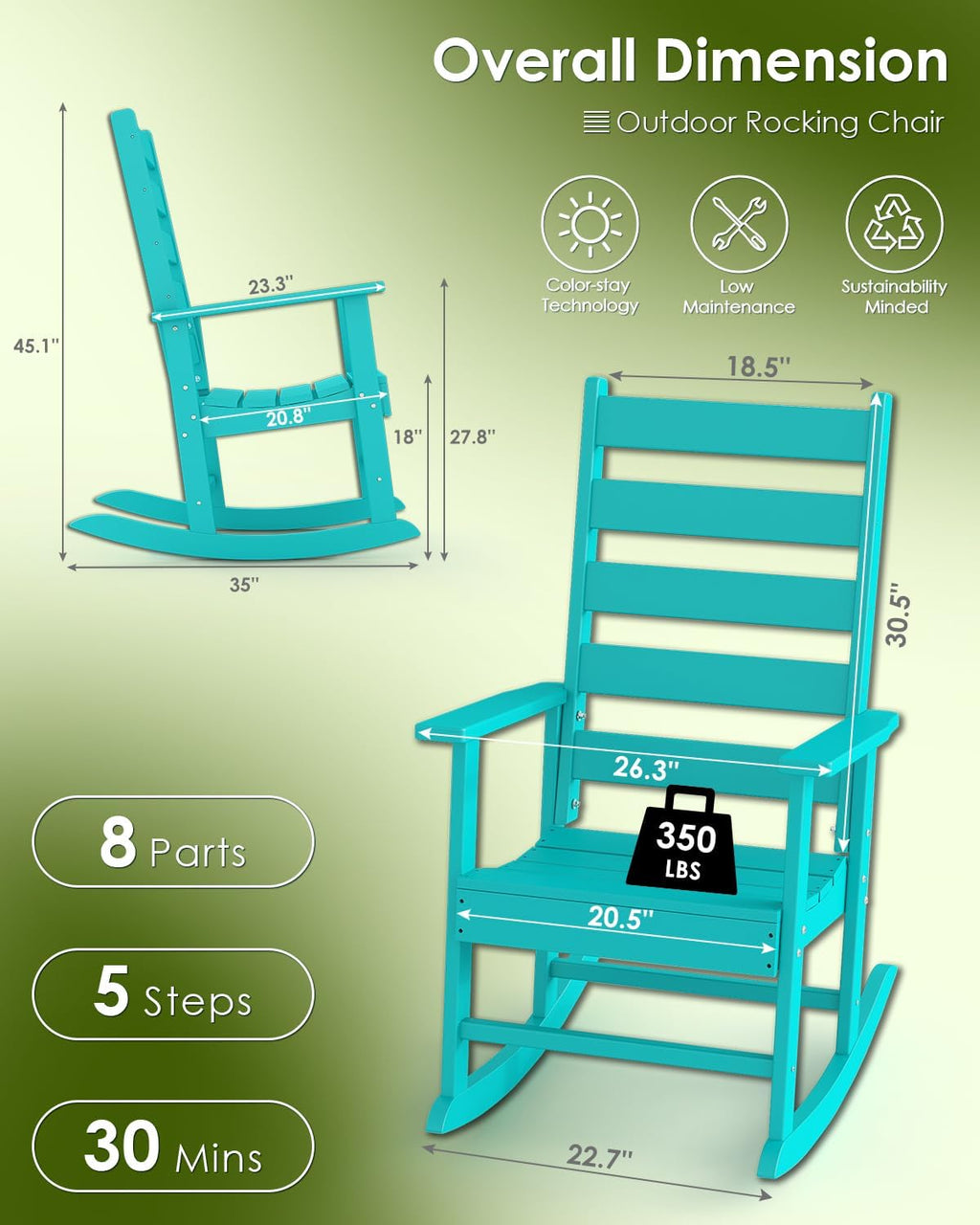 GREENVINES Outdoor Rocking Chairs Set of 2 | HDPE Plastic | Patio-Rocker-Chair | Porch Rocker | Shaker | Oversized | High Ladder Back | Big and Tall | PentaLuxe | Aqua