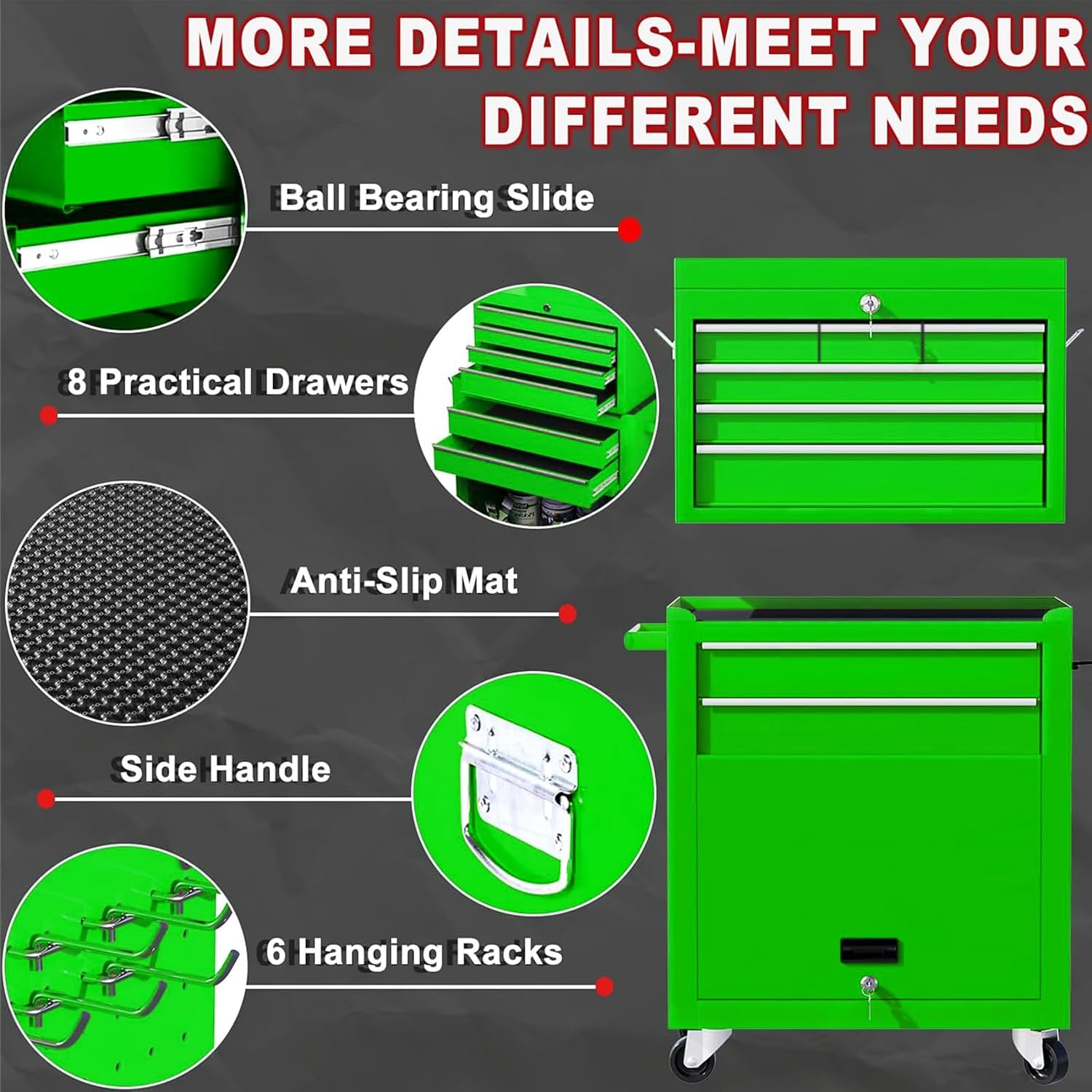 8-Drawer Rolling Tool Chest with Detachable Top Tool Box, Lockable Metal Tool Cabinet, and Liner, Heavy-Duty Storage Organizer with Wheels and 6 Hooks for Garage, Workshop, Green