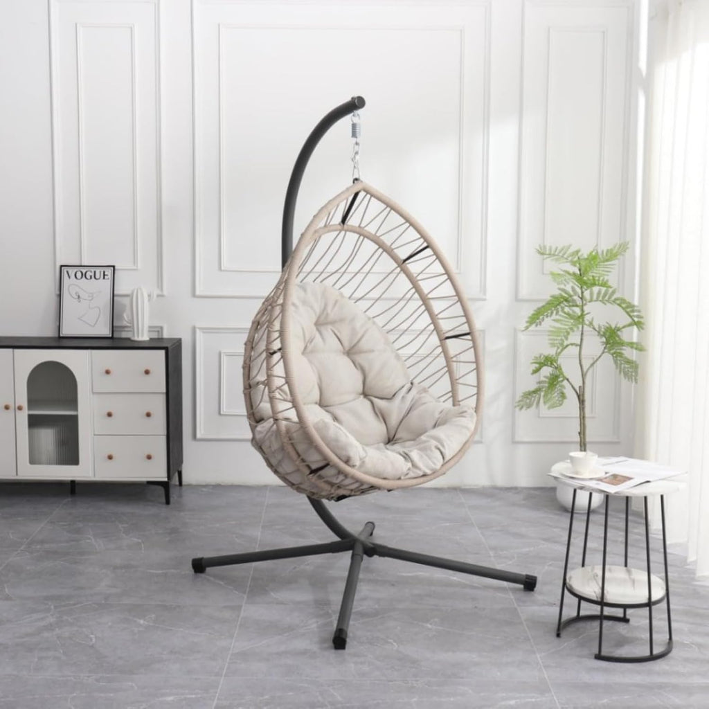 Outdoor Egg-Shaped Hanging Chair with Stand, Patio Wicker Swing, Indoor Rocking, Outdoor Hammock, Linen Gray