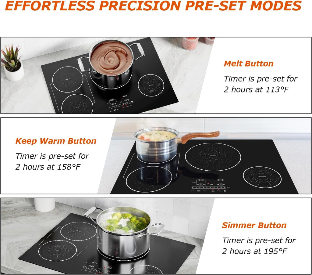 30 Inch Induction Cooktop 4 Burners, Flat Glass Top Electric Stove with Bridge-SYNC, 3 Preset Modes Booster, Timer, Pause, Child Lock, Drop in, 208~240V/40A, Black