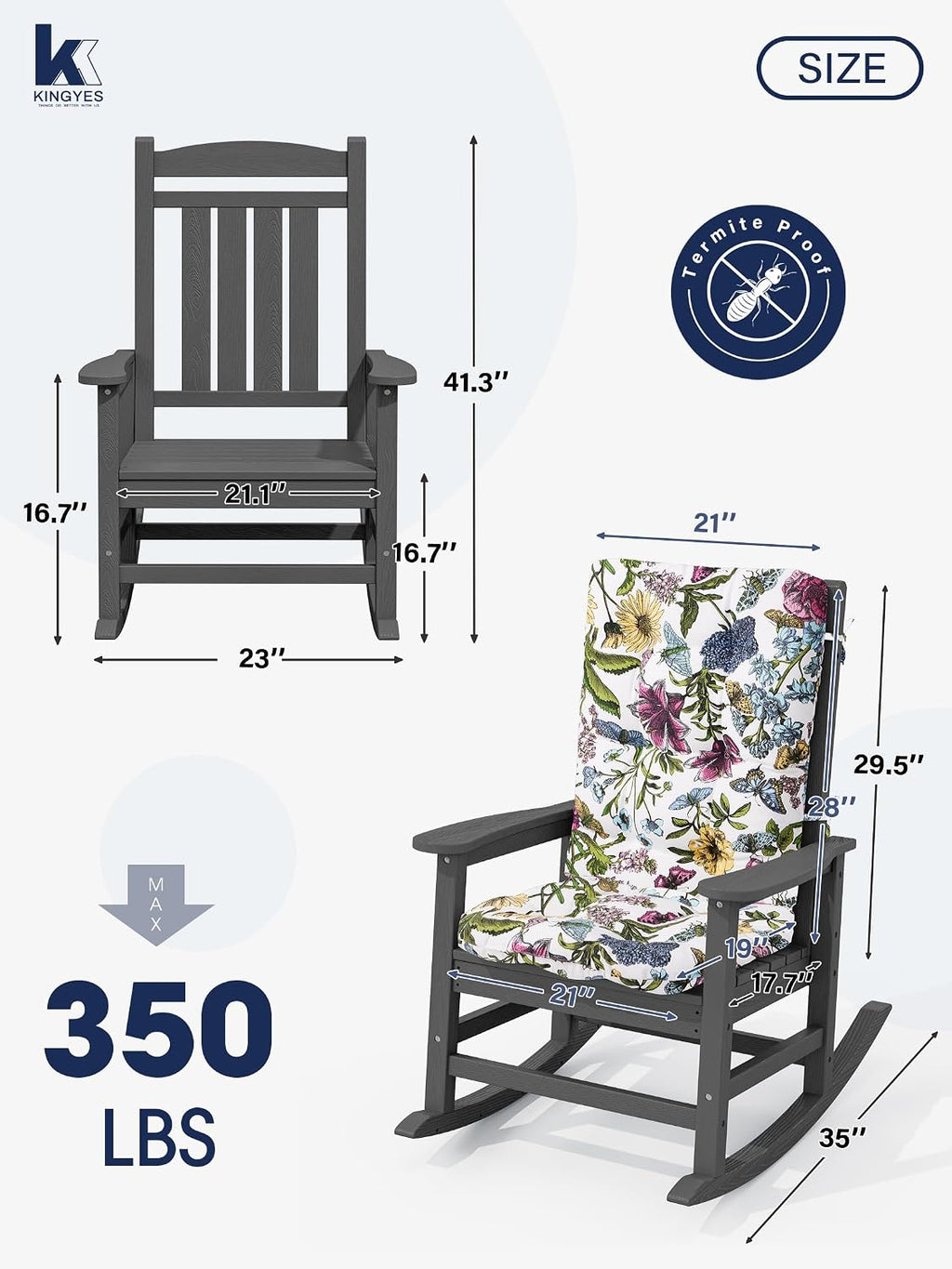 KINGYES Oversized Outdoor Rocking Chair with Cushion, All-Weather Patio Rocking Chairs, HDPE Porch Rocker for Adults, 350 lbs Capacity, Grey Chair with Flower Cushion