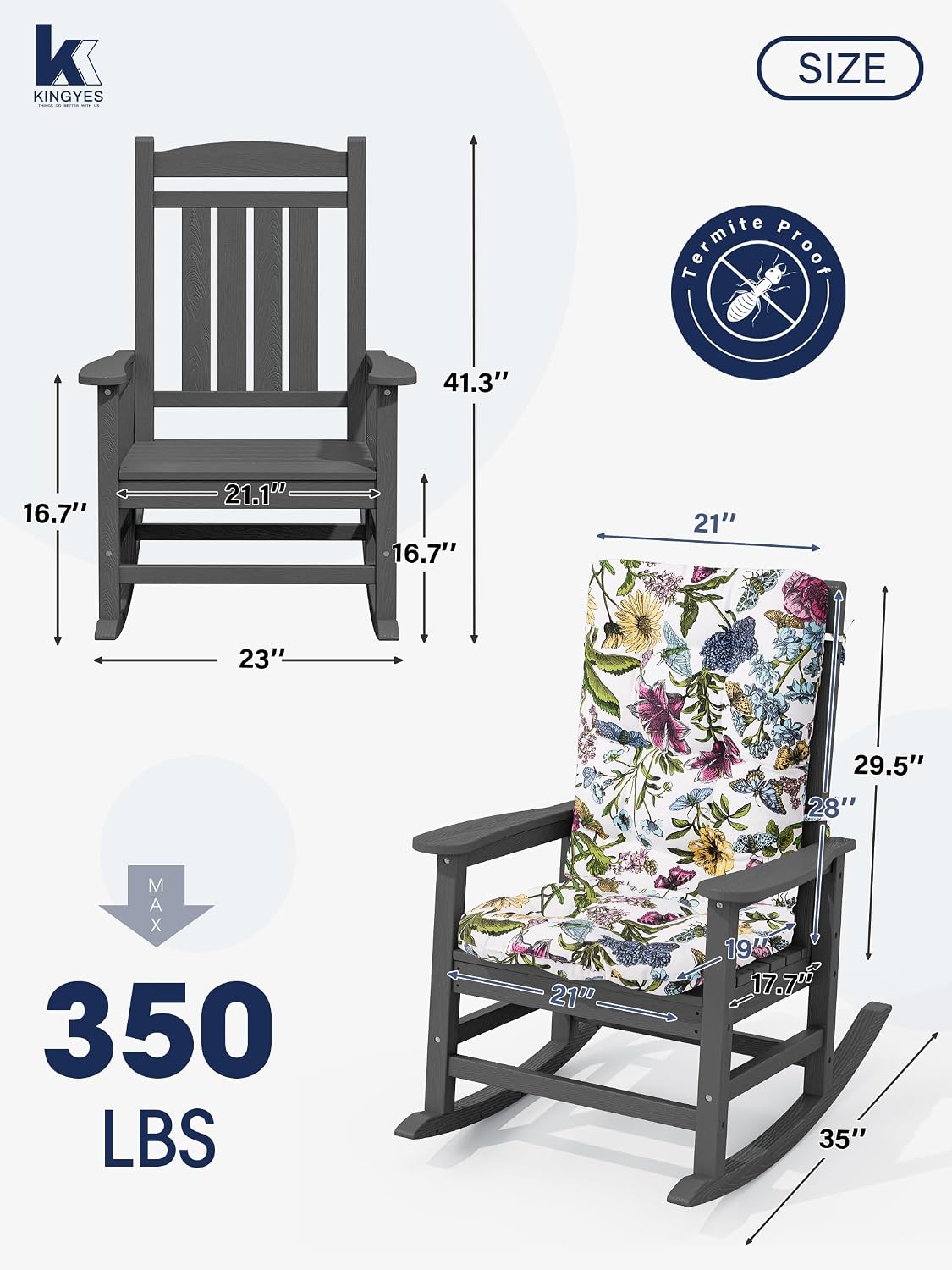 KINGYES Oversized Outdoor Rocking Chair with Cushion, All-Weather Patio Rocking Chairs, HDPE Porch Rocker for Adults, 350 lbs Capacity, Grey Chair with Flower Cushion