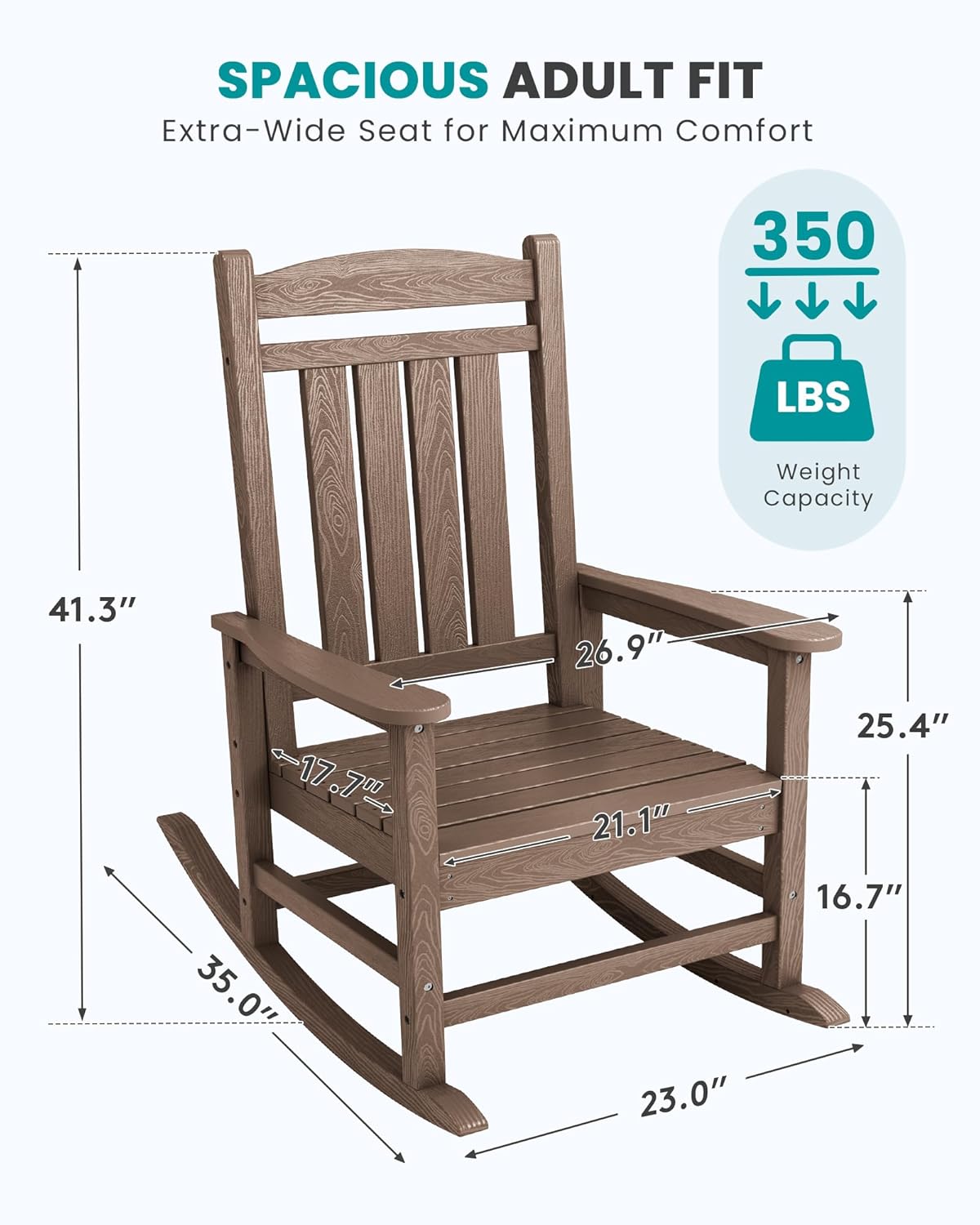 SERWALL Oversized HDPE Outdoor Rocking Chair for Adults, Heavy Duty Patio Rocking Chair, All-Weather Oversized Porch Rocker, Brown