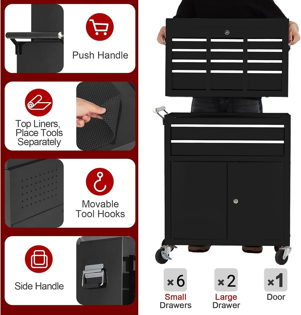 8-Drawer Rolling Tool Chest, 2-in-1 High Capacity Removable Cabinet Storage Tool Box with Wheels and Drawers, Detachable Toolbox with Lock for Workshop Mechanics Garage (Black)