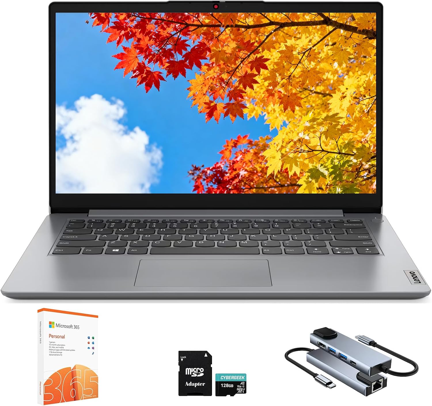 Lenovo IdeaPad 1 1i 14' Laptop with 1-Year Microsoft 365, Intel Processor, 8GB RAM, 128GB eMMC + 512GB SSD, SD Card Reader, Privacy Camera, Long Battery Life, with Accessories, Win 11 Pro