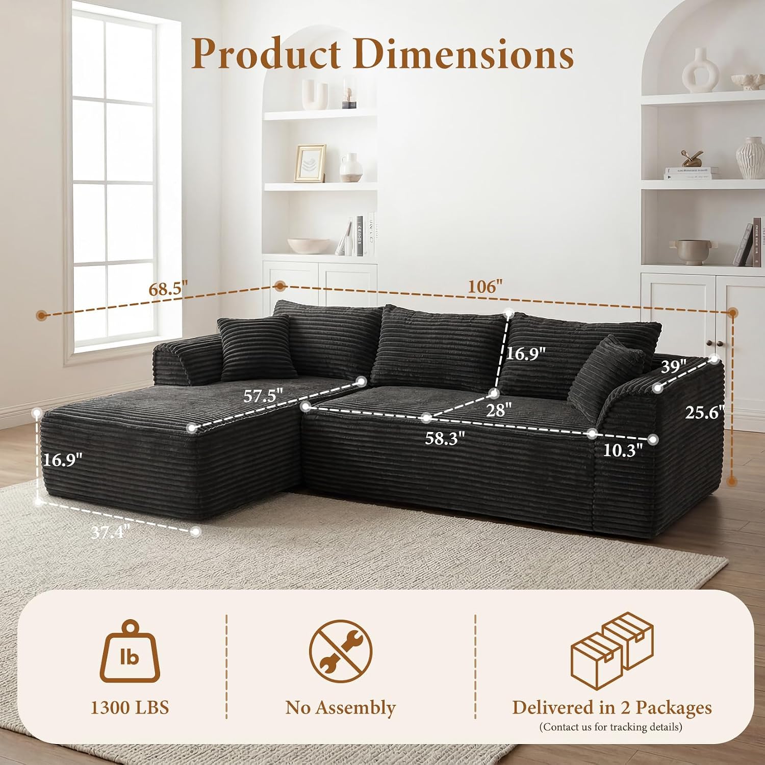 Vesgantti 106' Boneless Couch with Chaise, Deep Seat Comfy Cloud Modular Sofa Corduroy Memory Foam Sectional Couches for Living Room Bedroom, No Assembly Required (Grey, Left-Facing Chaise)