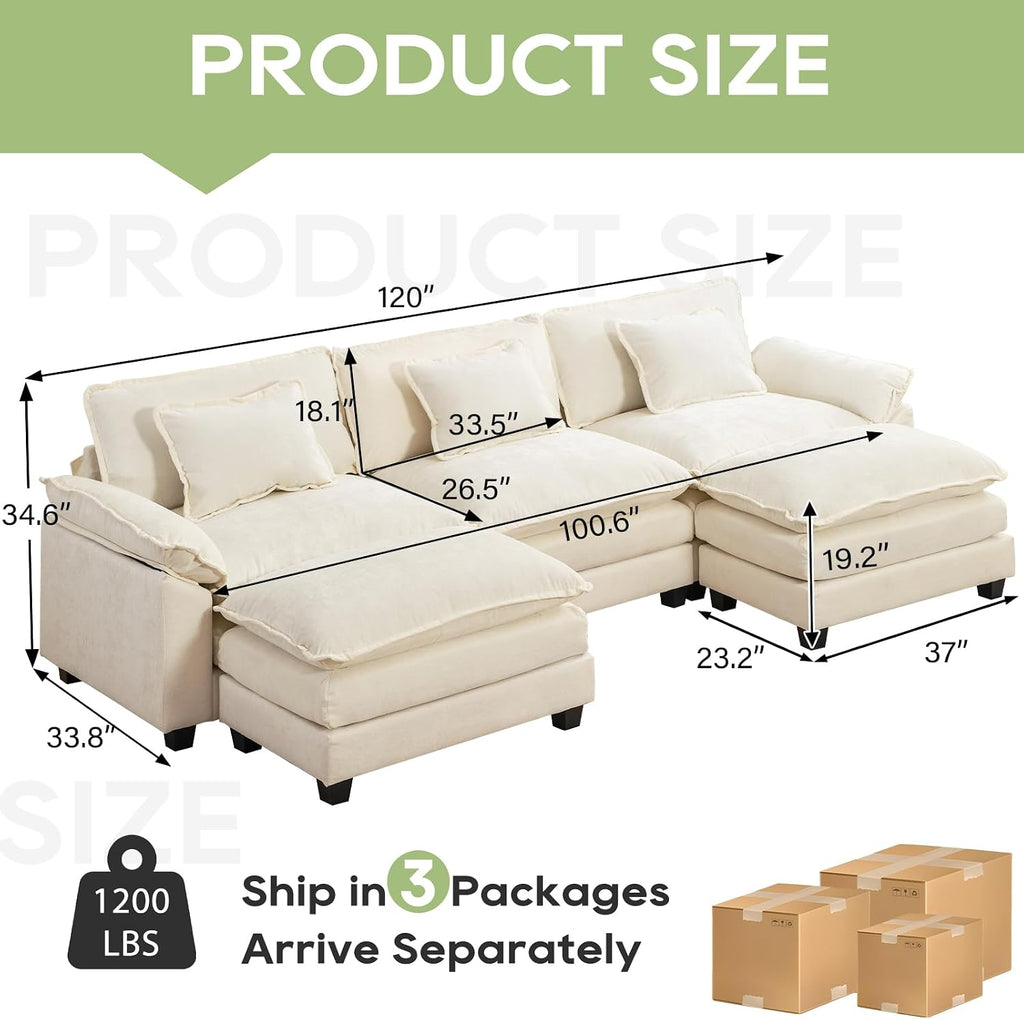 Oprisen 120' Modular Sectional Sofa, Comfy Cloud Couch Sectional Sofa with Ottoman, Chenille Sofa Sleeper Deep Seat Sofa with Throw Pillows for Living Room (Beige White, 120'- U Shape)